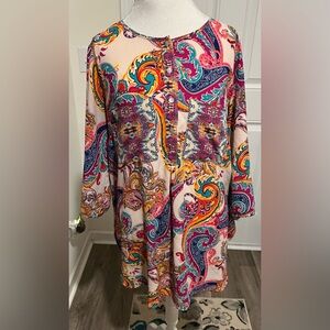 Anthropologie Fig & Flower Boho Tunic Top Women’s Pink & Blue Paisley Size 2X